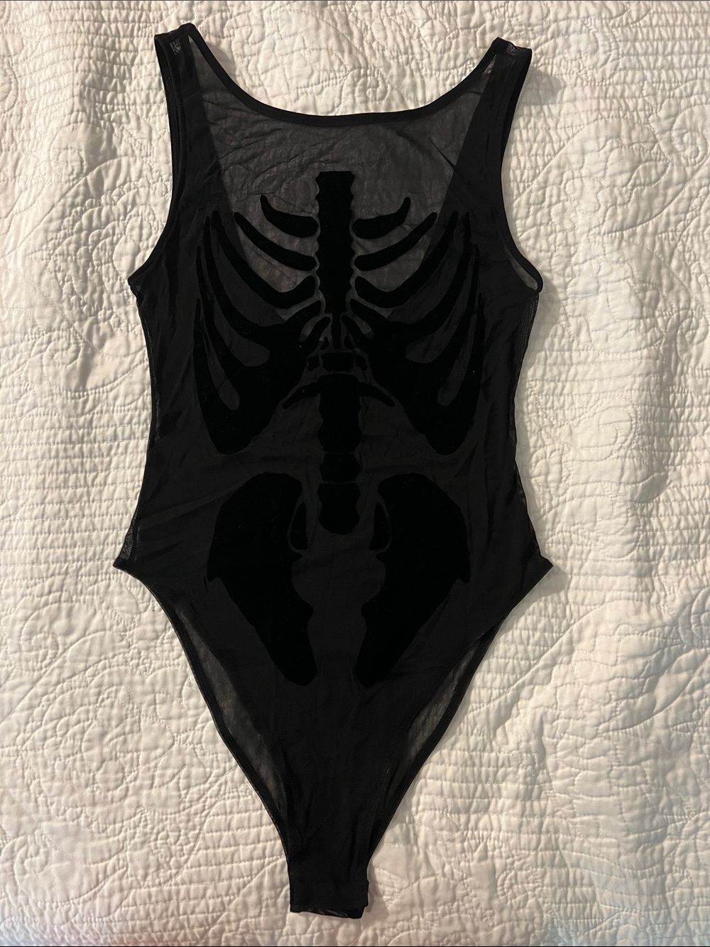 Divided Black Mesh Bodysuit with Skeleton Velvet Appliqué